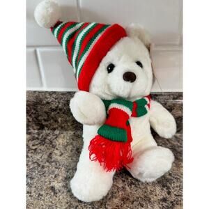 Vintage 1991 Cuddle Wit White Teddy Bear Christmas Hat Scarf Plush w/ Tag